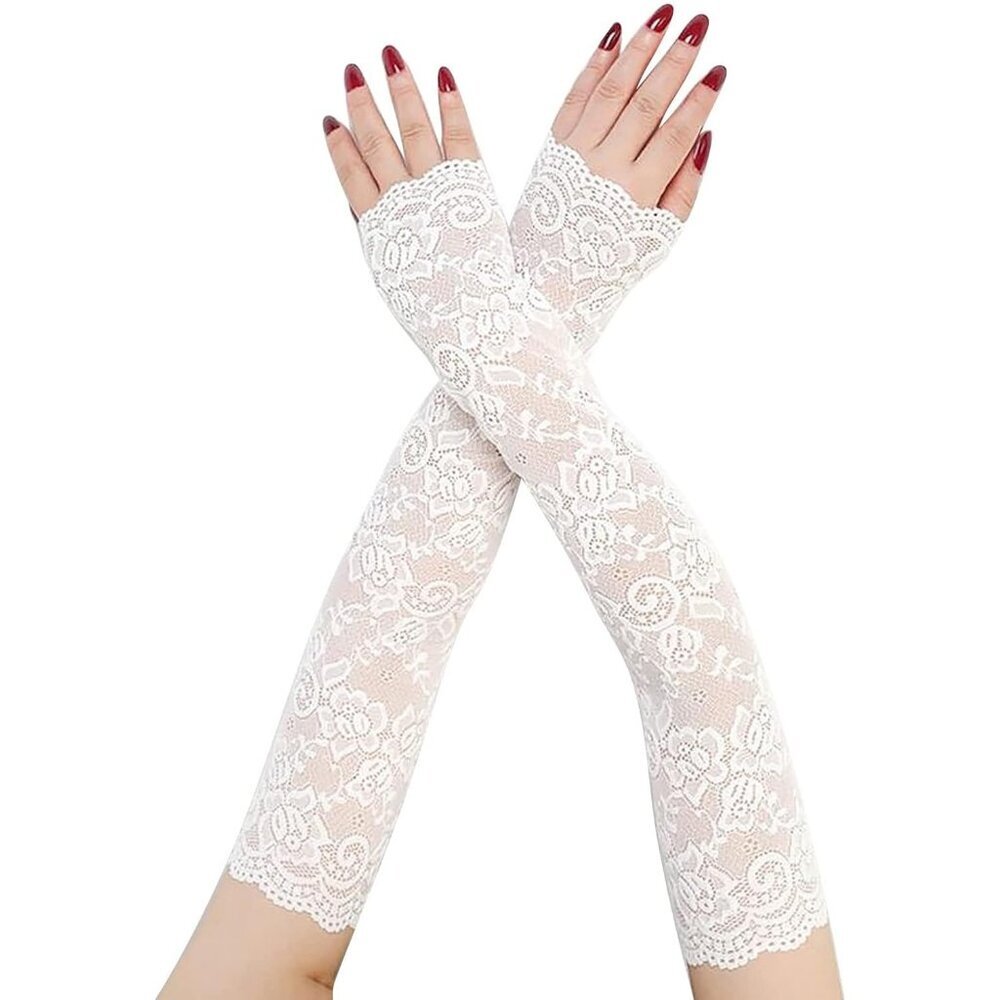 Women's A-White Floral Lace Long Arm Sleeves Hollow Fingerless Gloves Design
